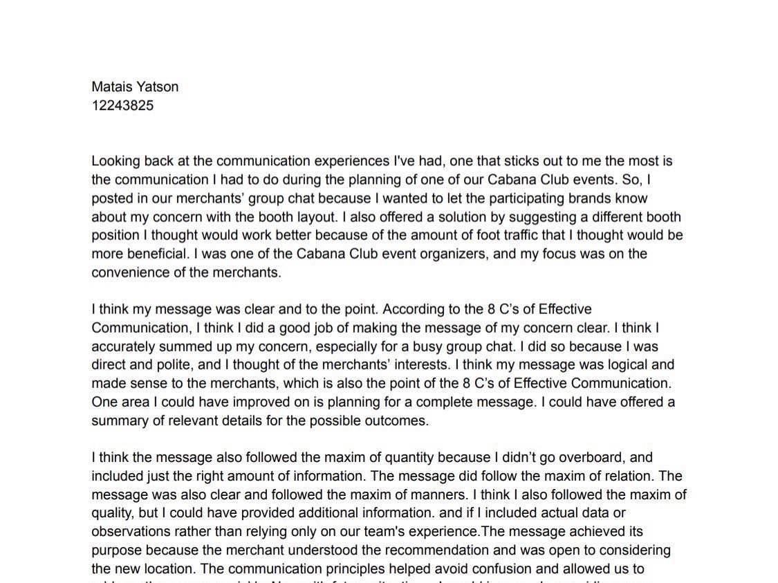 The original A2 reflection as submitted: one page analyzing my Cabana Club merchant group chat message against the 8 Cs and Grice's maxims.