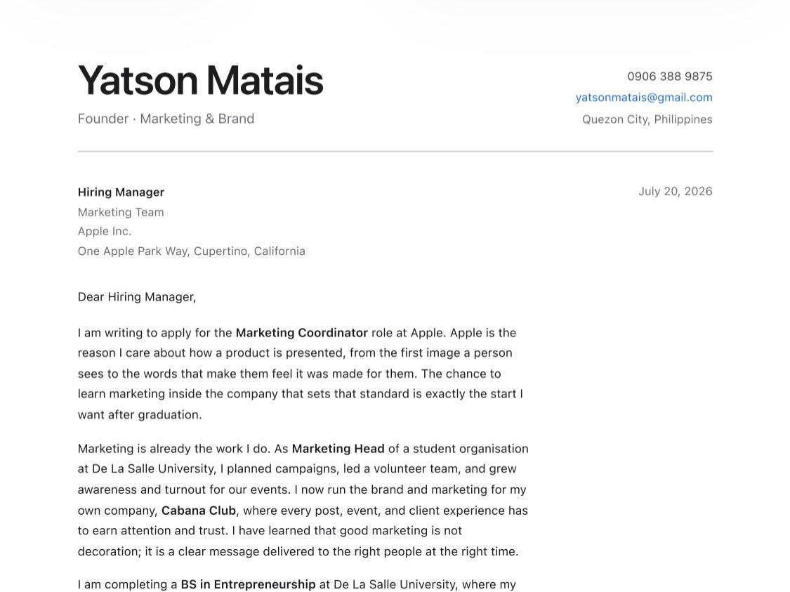 The submitted cover letter: Yatson Matais' letterhead, addressed to the hiring manager of Apple's marketing team, dated July 20, 2026.